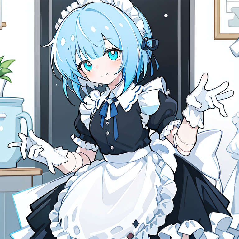00611-1315378829-aged up, 1girl,blue hair,blue eyes,solo,joints,maid,doll joints,apron,smile,gloves,short hair,maid headdress,white gloves,dress,.png